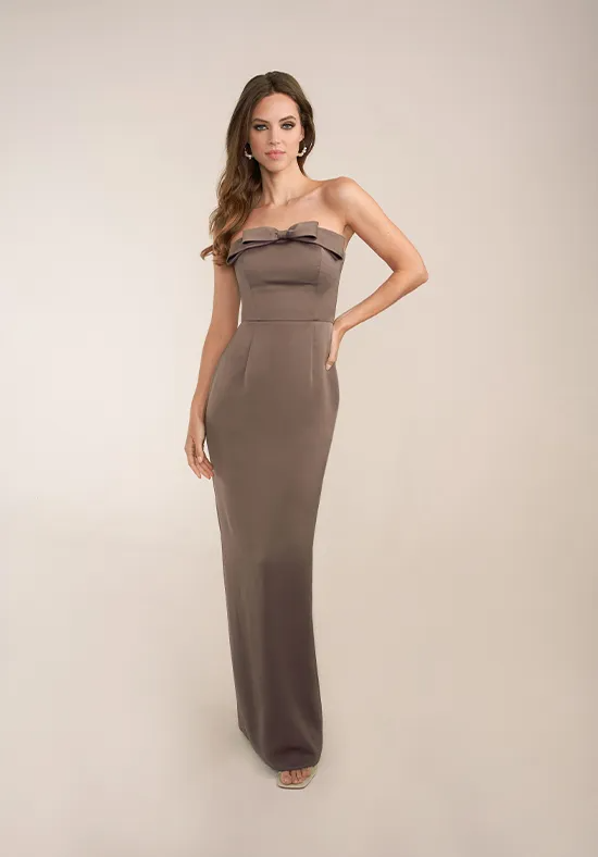 Luxury Smooth Taupe Bodycon Sheath Strapless Straight Neck Sleeveless Solid Back Slit Floor Length Bridesmaid Dress