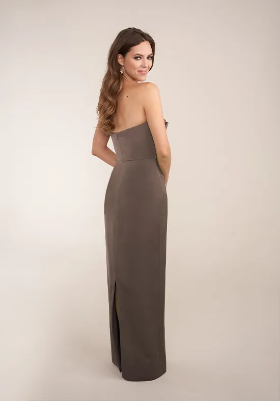 Luxury Smooth Taupe Bodycon Sheath Strapless Straight Neck Sleeveless Solid Back Slit Floor Length Bridesmaid Dress