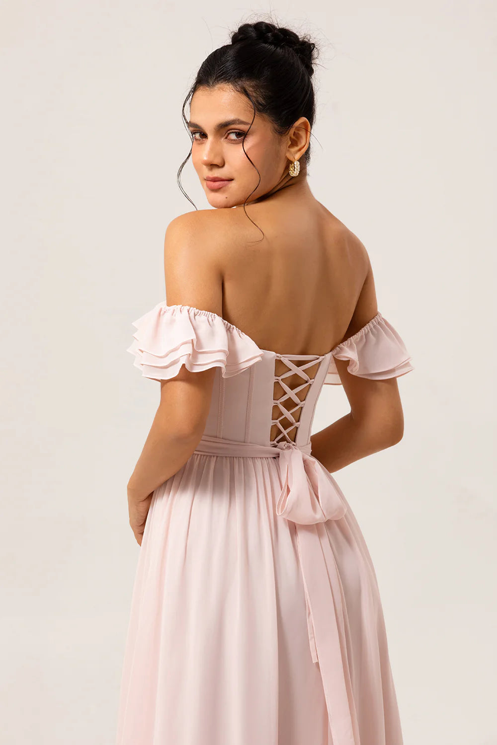 Luxury Timeless Fitted A-Line Off-the-Shoulder Sleeveless Back Lace-Up Floor-Length Ruffled Evening Dresses