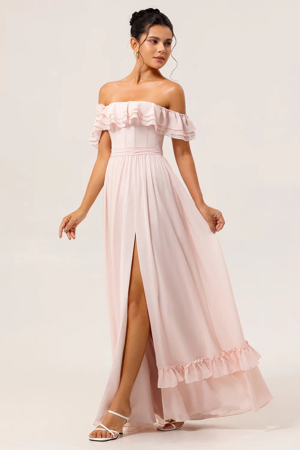 Luxury Timeless Fitted A-Line Off-the-Shoulder Sleeveless Back Lace-Up Floor-Length Ruffled Evening Dresses