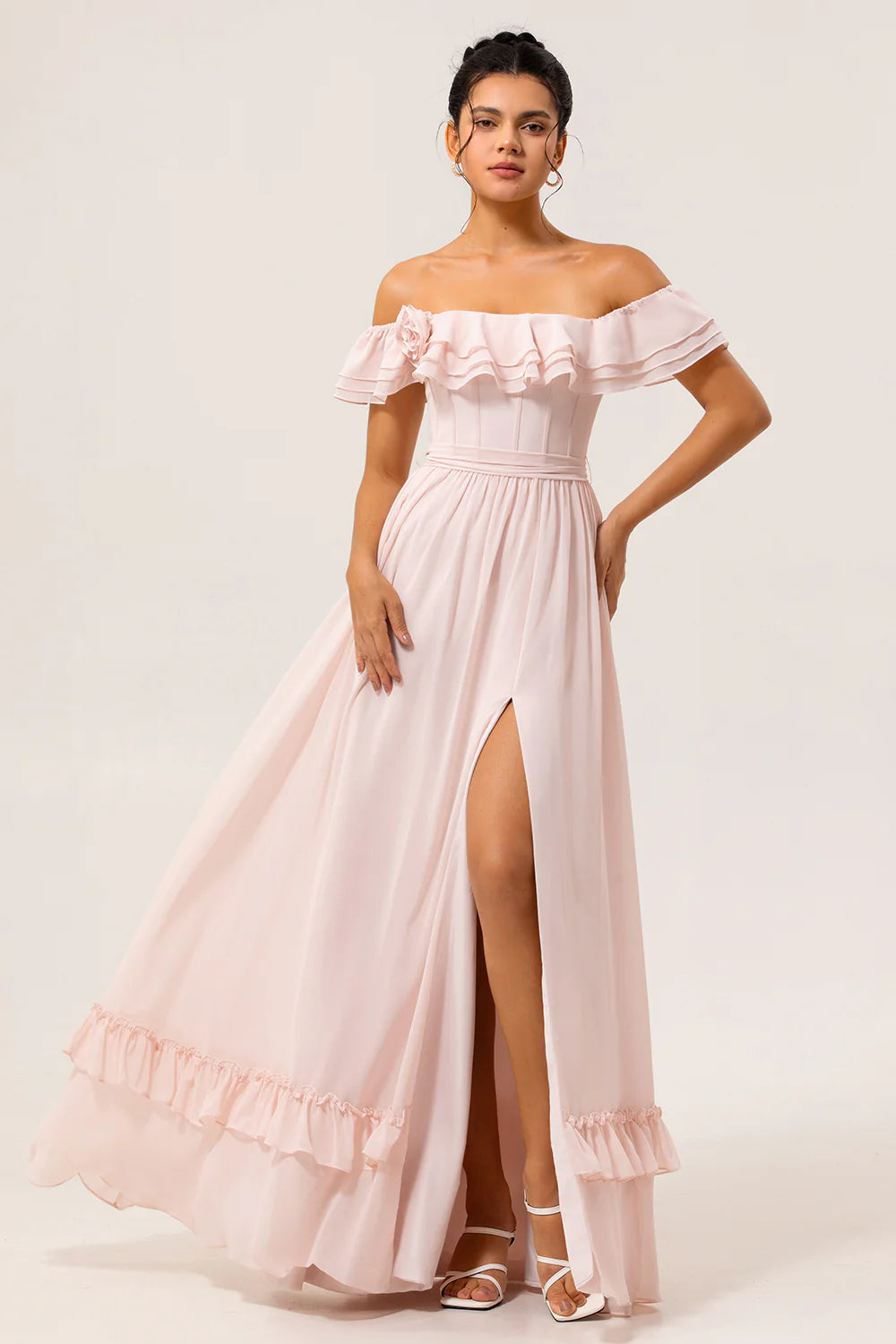 Luxury Timeless Fitted A-Line Off-the-Shoulder Sleeveless Back Lace-Up Floor-Length Ruffled Evening Dresses