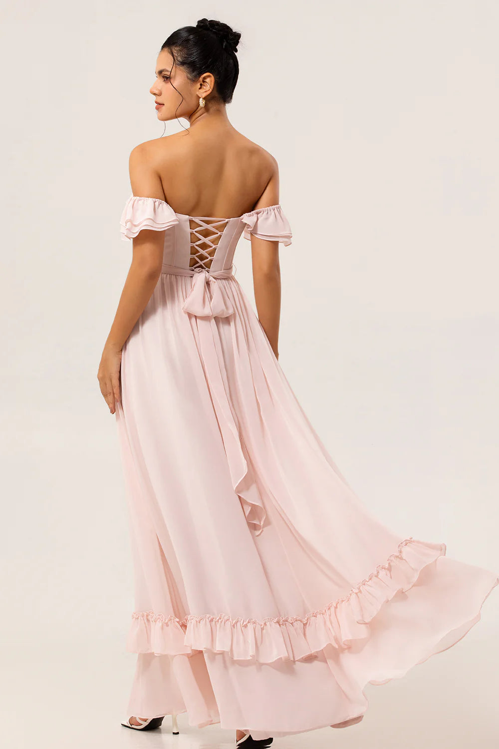 Luxury Timeless Fitted A-Line Off-the-Shoulder Sleeveless Back Lace-Up Floor-Length Ruffled Evening Dresses