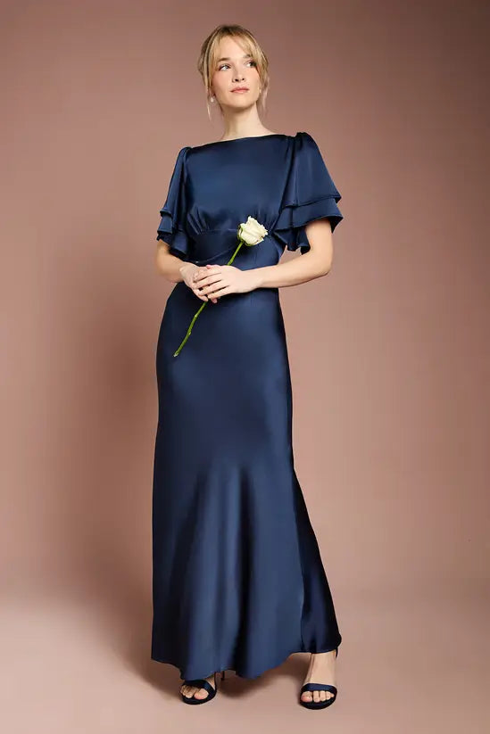 Luxury Timeless Fitted Mermaid Short Sleeve Back Tie Floor-Length Satin Evening Dresses