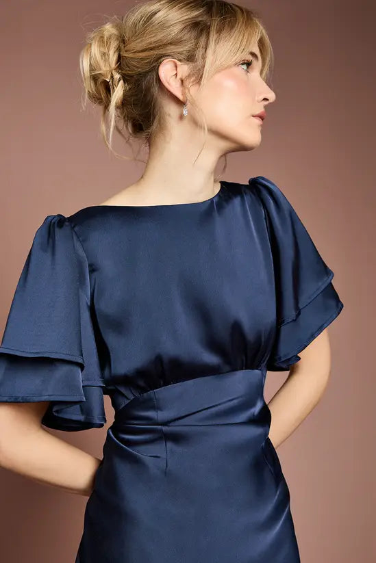 Luxury Timeless Fitted Mermaid Short Sleeve Back Tie Floor-Length Satin Evening Dresses