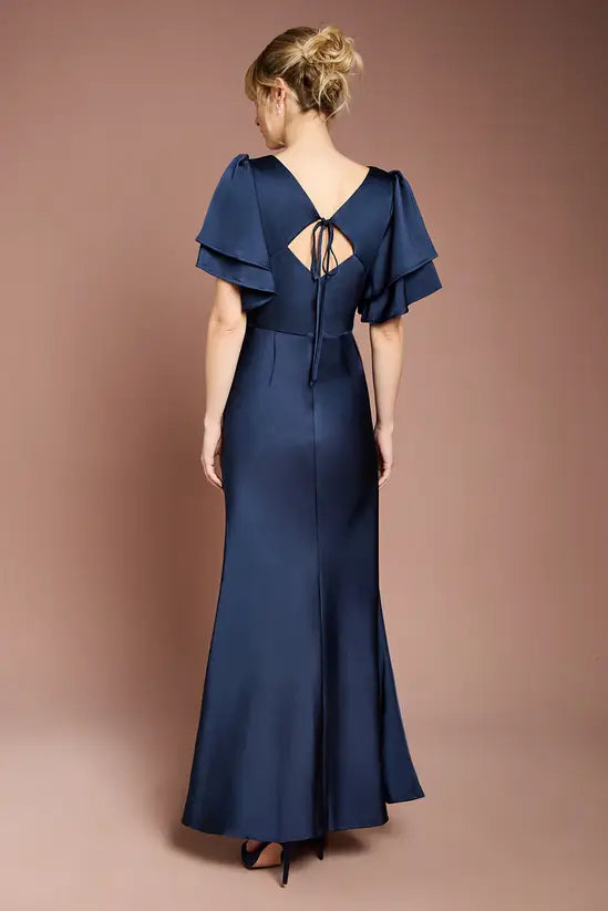 Luxury Timeless Fitted Mermaid Short Sleeve Back Tie Floor-Length Satin Evening Dresses