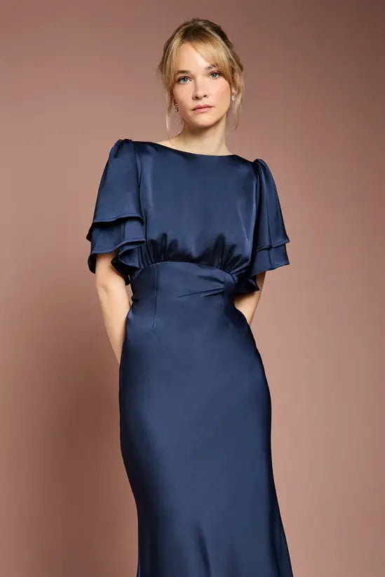 Luxury Timeless Fitted Mermaid Short Sleeve Back Tie Floor-Length Satin Evening Dresses