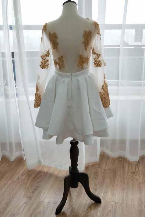 Luxury White Fit Flare Short V Neck Sheer Long Sleeve Deep V Zipper Back Mini Length Homecoming Dresses