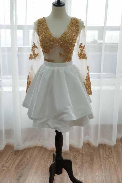 Luxury White Fit Flare Short V Neck Sheer Long Sleeve Deep V Zipper Back Mini Length Homecoming Dresses