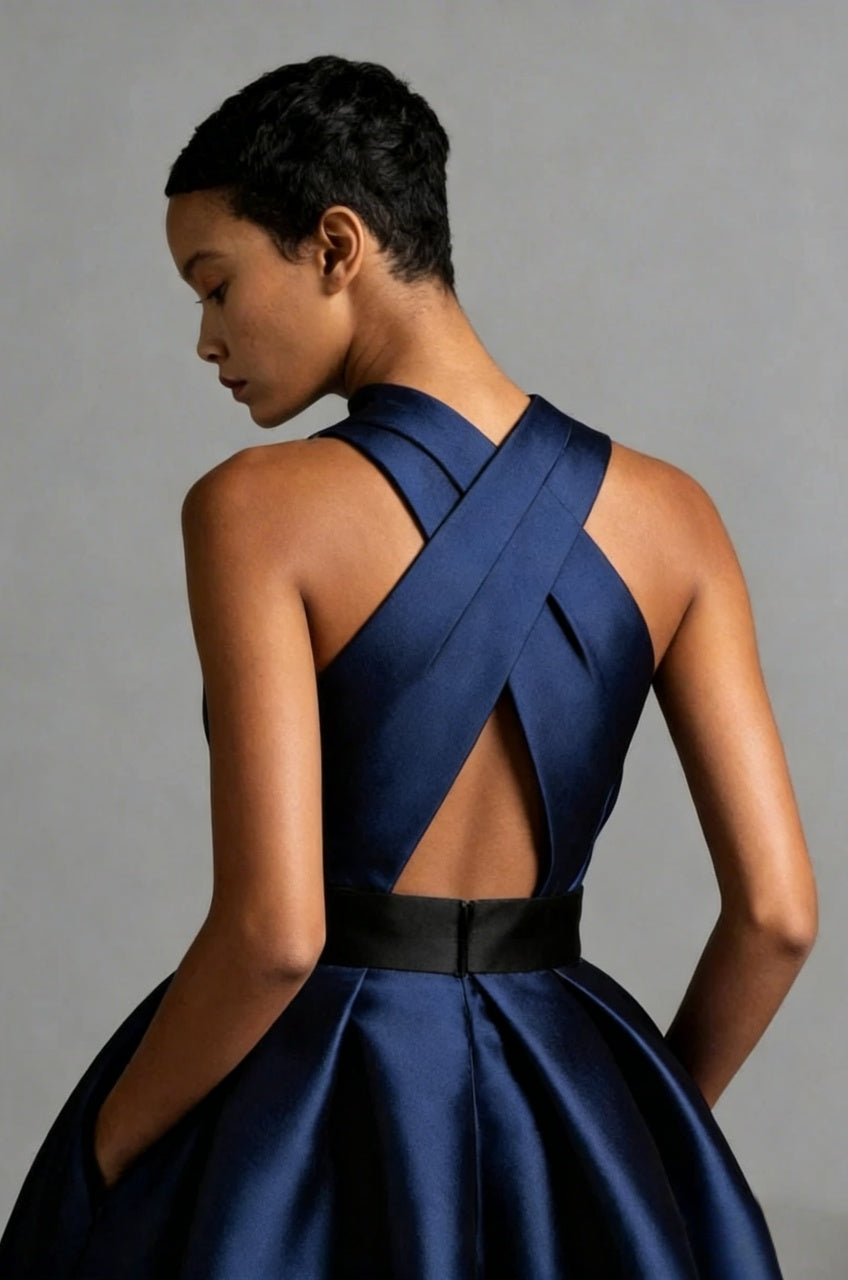 Luxury Ball Gown High Neck Sleeveless Cross Back Floor Length Satin Evening Dress