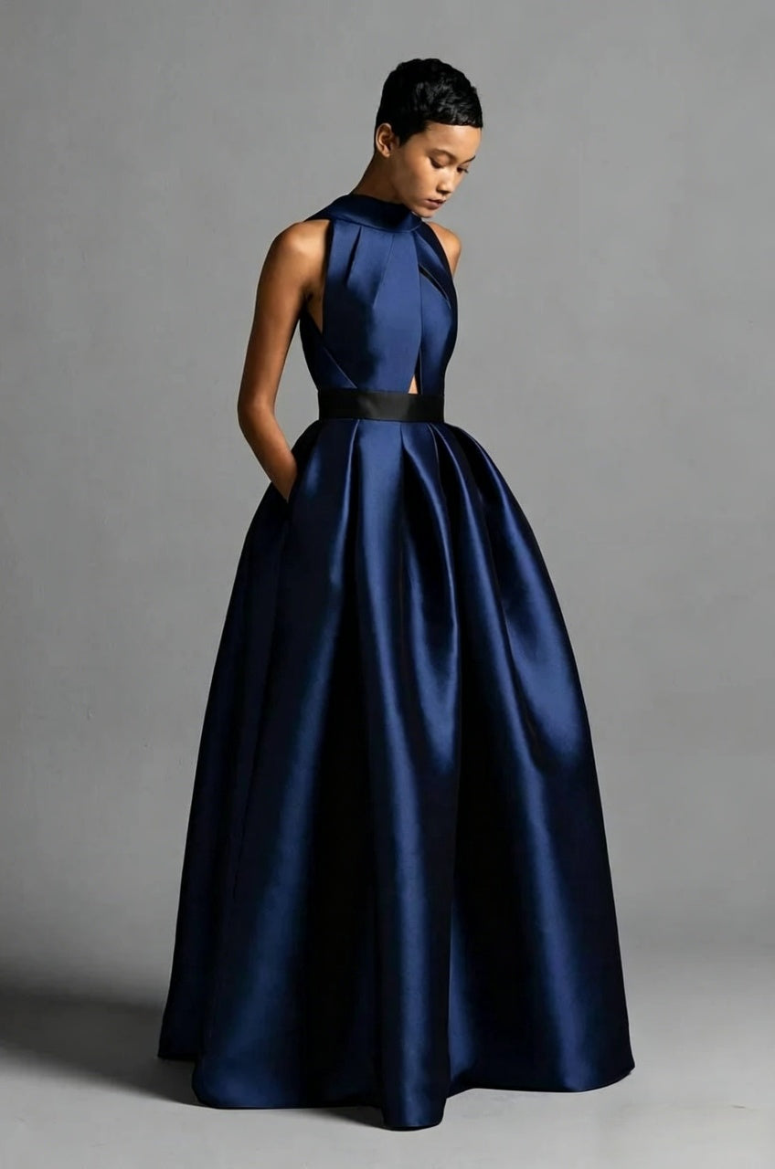 Luxury Ball Gown High Neck Sleeveless Cross Back Floor Length Satin Evening Dress