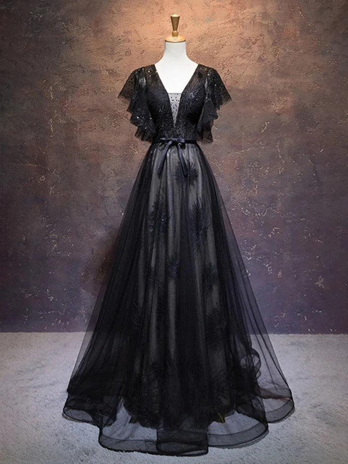 A-line V-neck Short Sleeves Beading Full Of Charm Prom Dresses