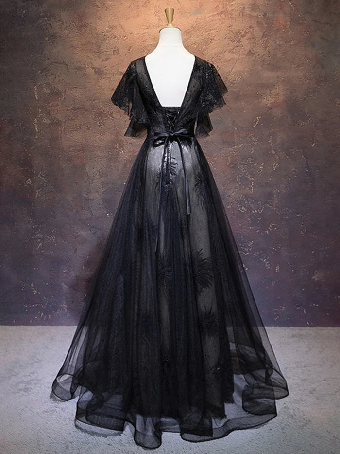 A-line V-neck Short Sleeves Beading Full Of Charm Prom Dresses