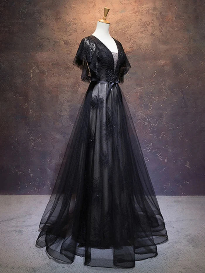 A-line V-neck Short Sleeves Beading Full Of Charm Prom Dresses