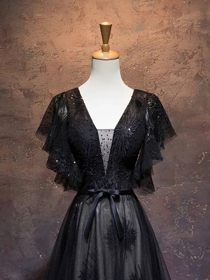 A-line V-neck Short Sleeves Beading Full Of Charm Prom Dresses