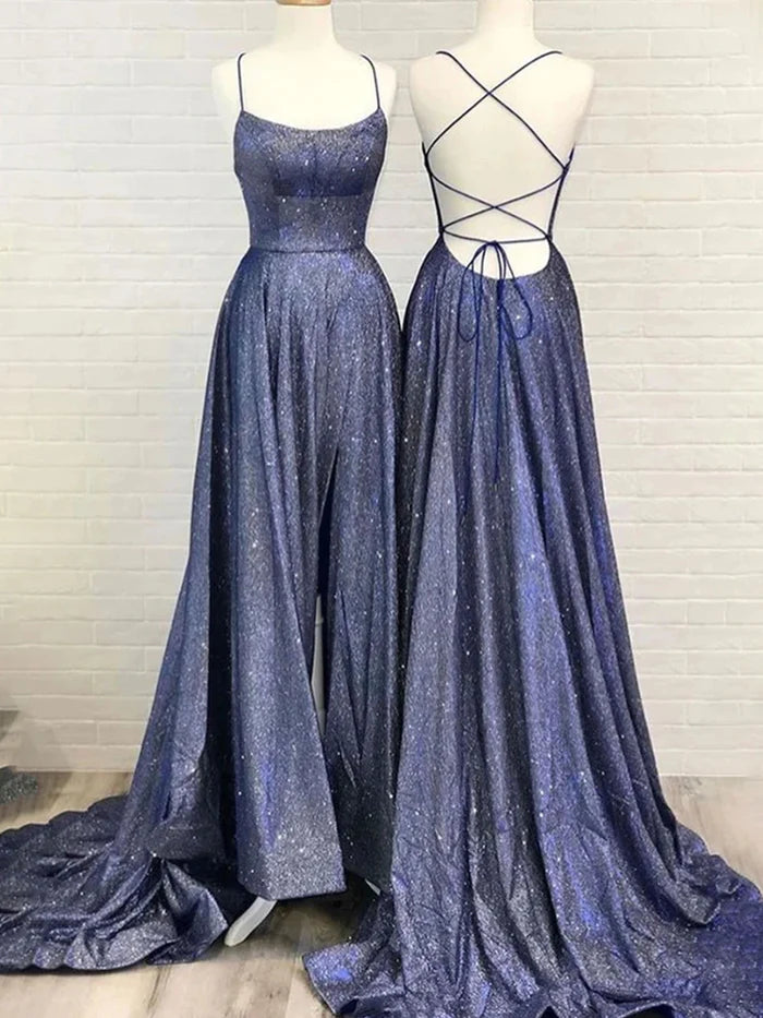 Beautiful Spaghetti Straps Backless Long Blue Party Prom Dresses