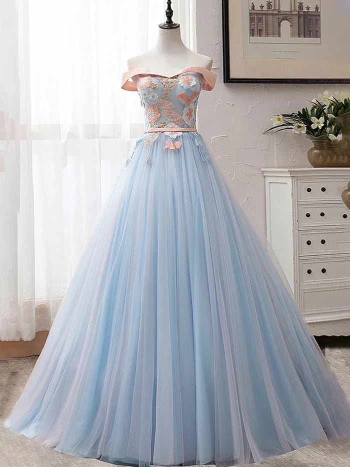 Off The Shoulder Elegant Floral Appliques Tulle Floor Length Ball Gown Prom Dresses