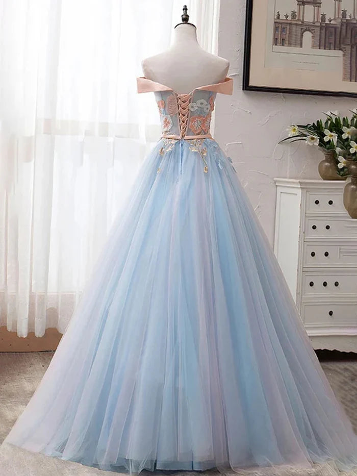 Off The Shoulder Elegant Floral Appliques Tulle Floor Length Ball Gown Prom Dresses