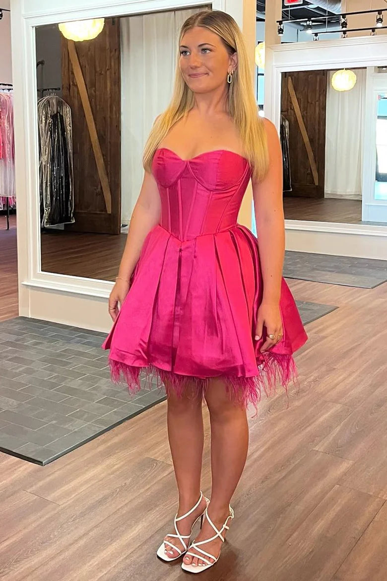 Neon Pink Feathers Sweetheart A-Line Short Full Of Charm Homecoming Dress