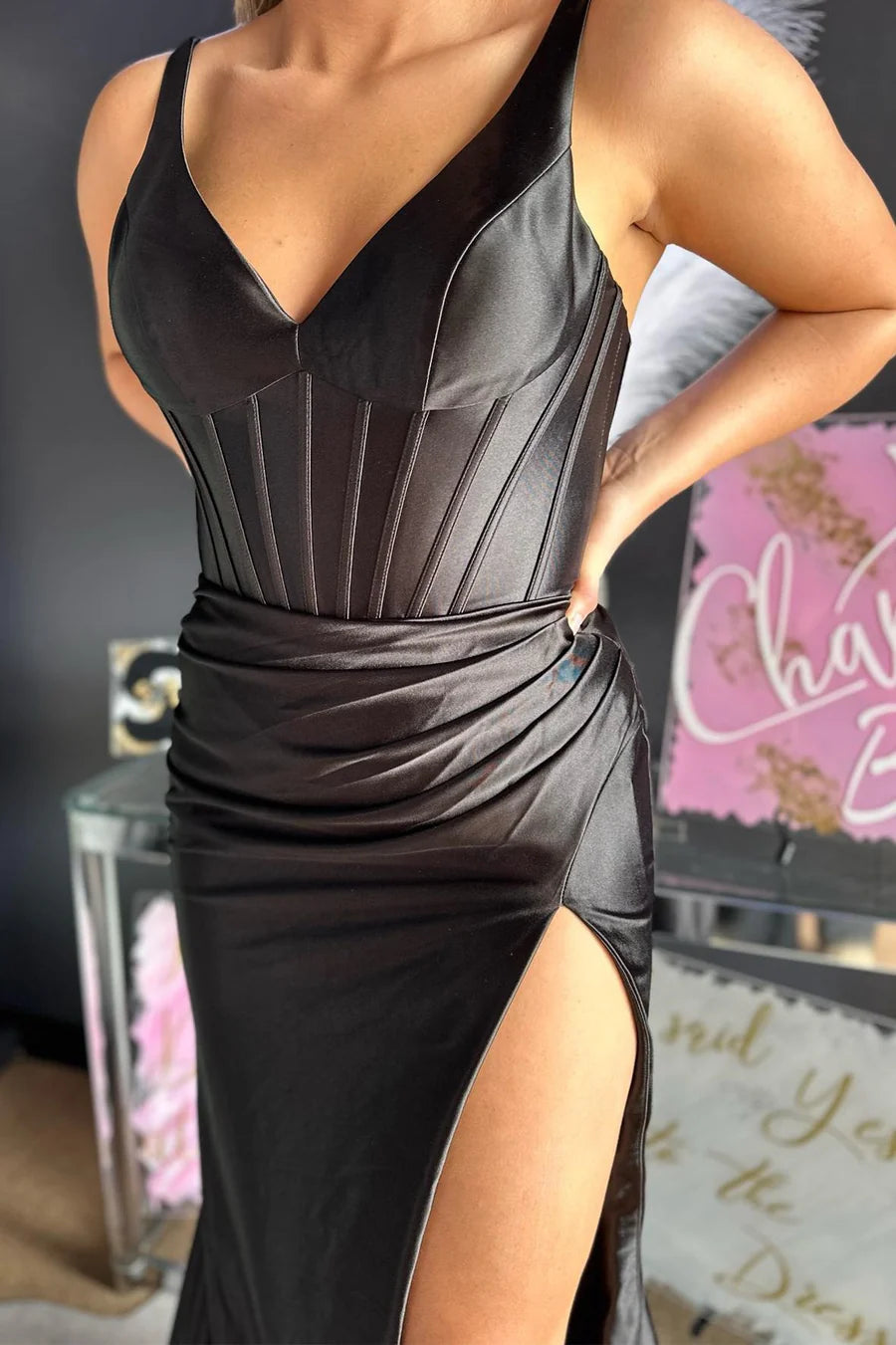 V-Neck Ruched Mermaid Long Formal Dress with Slit