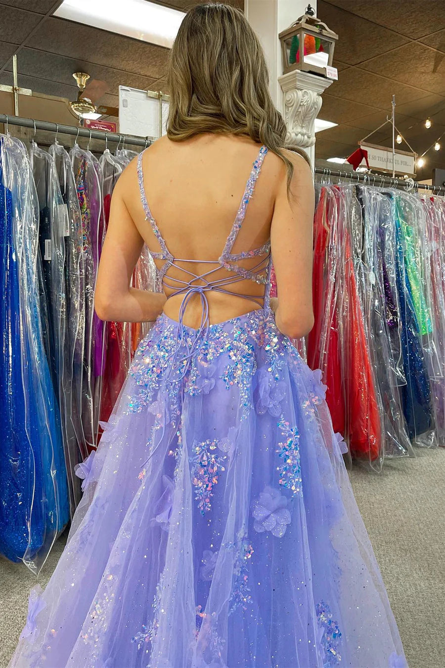 Lavender Tulle Appliques V-Neck A-Line Long Prom Dress with Slit