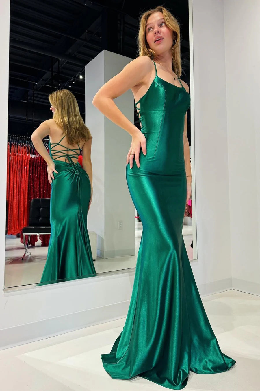 Emerald Scoop Neck Lace-Up Mermaid Long Appropriate Color Matching Prom Gown