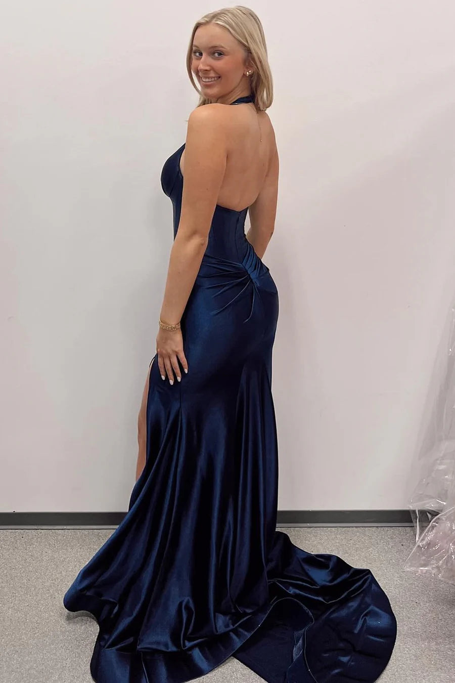 Navy Halter Mermaid Long Formal Dress with Slit