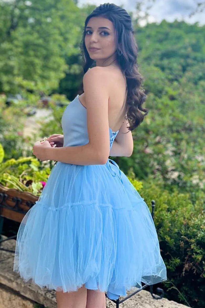 Light Blue Strapless Lace-Up A-Line Homecoming Dress