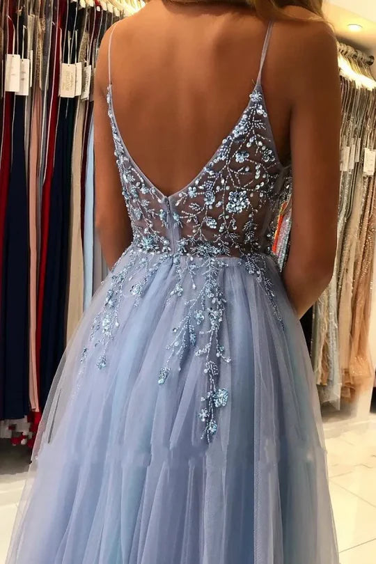 Spaghetti Straps A-Line Appliques Empire-Waist Tulle Prom Dress