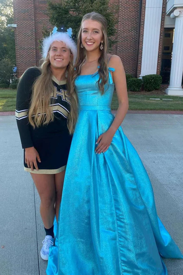 A-Line Spaghetti Straps Satin Pleated Long Prom Formal Dress