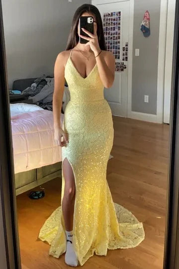 Yellow Spaghetti Straps V-Neck Lace Mermaid Formal Prom Dress