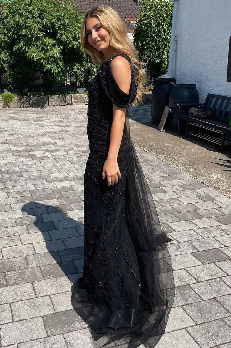 Black One Shoulder Beading High Slit Long Formal Prom Dress