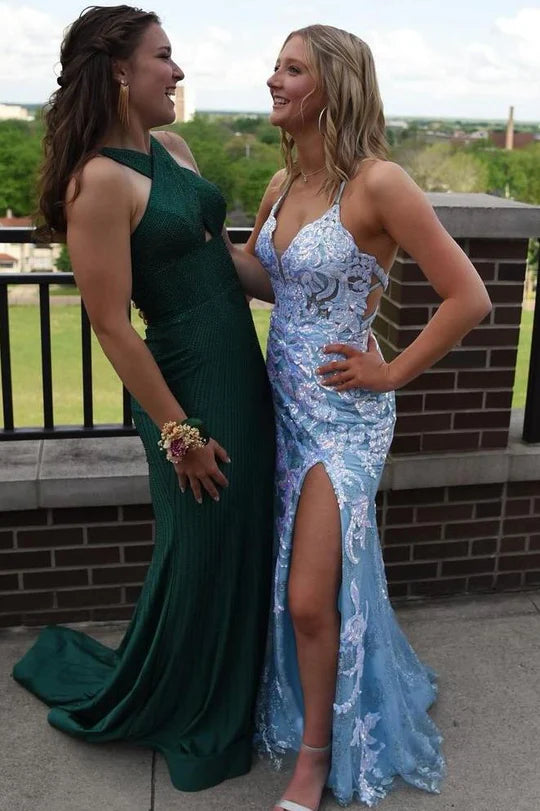 Spaghetti Straps V-Neck Appliques Sleeveless Formal Prom Dress