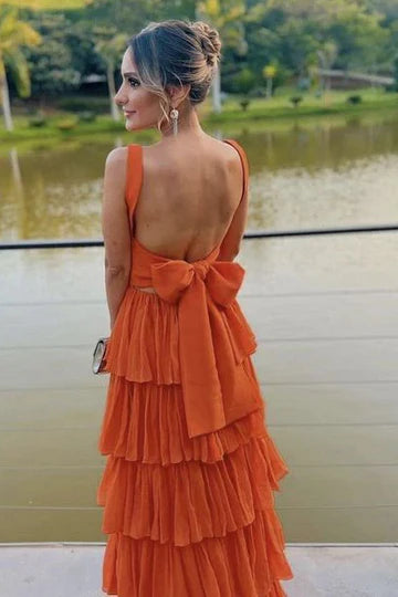 Elegant Straps Square Layered Sleeveless Long Prom Formal Dress