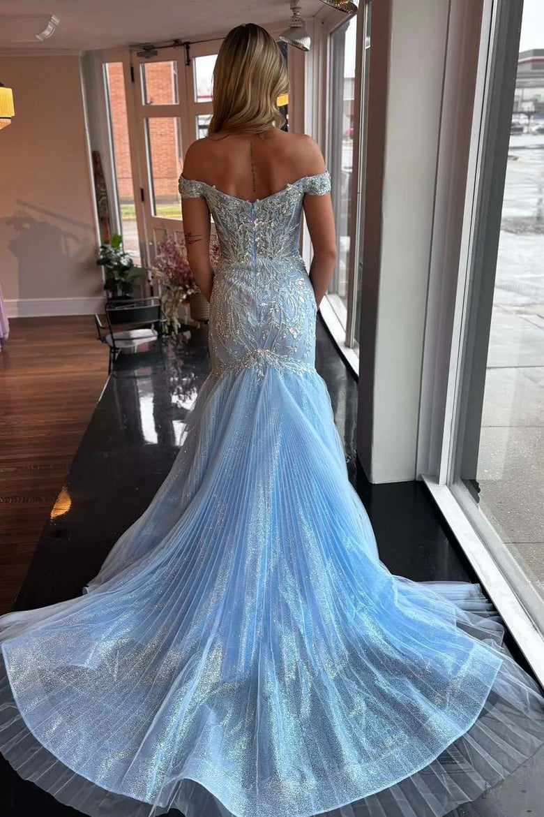 Off-Shoulder V-Neck Appliques Mermaid Long Formal Prom Dress