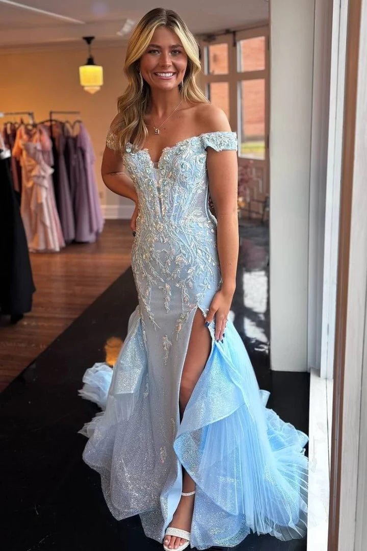 Off-Shoulder V-Neck Appliques Mermaid Long Formal Prom Dress with Slit