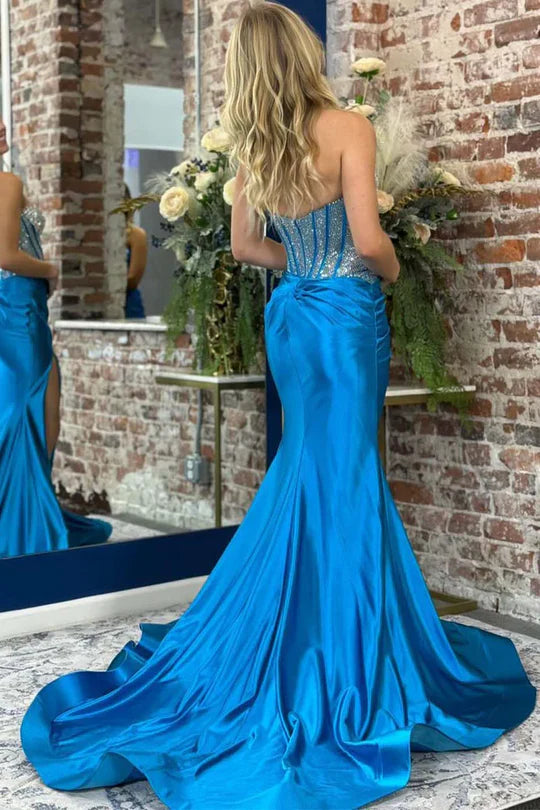 Mermaid Strapless V-Neck Beads Pleated Long Prom Dress