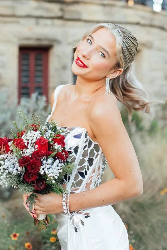 White One Shoulder Square Neck Mirror-Cut Sequins Prom Dress