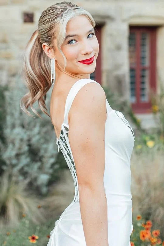 White One Shoulder Square Neck Mirror-Cut Sequins Prom Dress