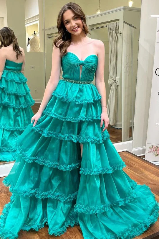 A-Line Strapless Keyhole Empire-Waist Layered Prom Dress