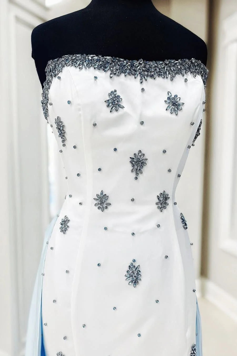 White Strapless A-Line Beads Side Slit Formal Prom Dress