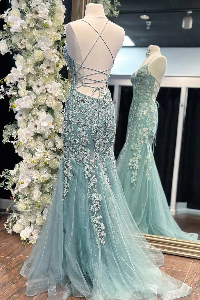 Stunning Spaghetti Straps Lace Appliques Mermaid V-Neck Long Prom Dress