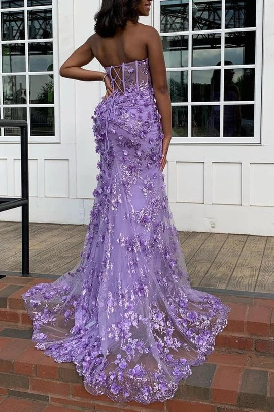 Floral Strapless Sweetheart 3D Appliques Mermaid Prom Dress