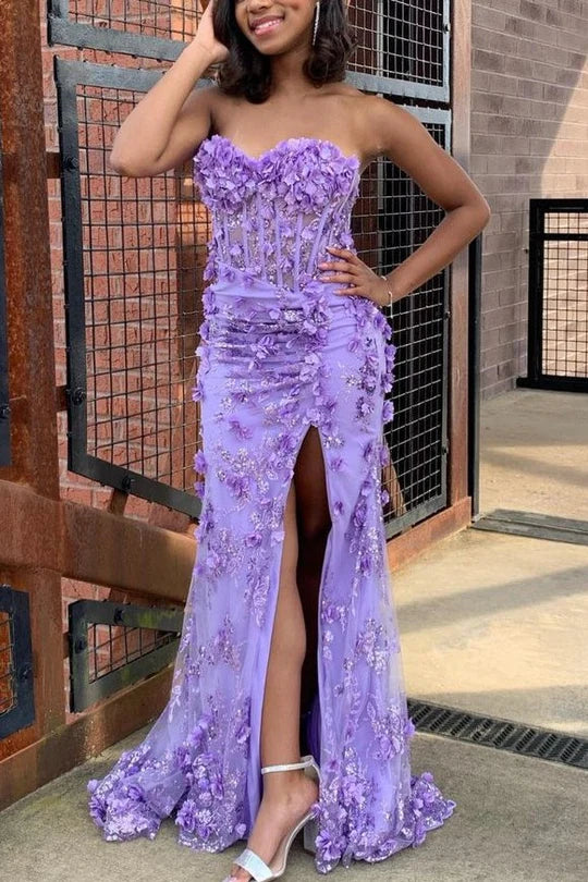 Floral Strapless Sweetheart 3D Appliques Mermaid Prom Dress