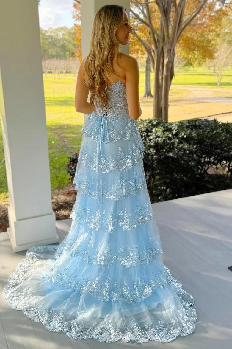 Blue Strapless A-Line V-Neck Sequins Appliques Tiered Prom Dress