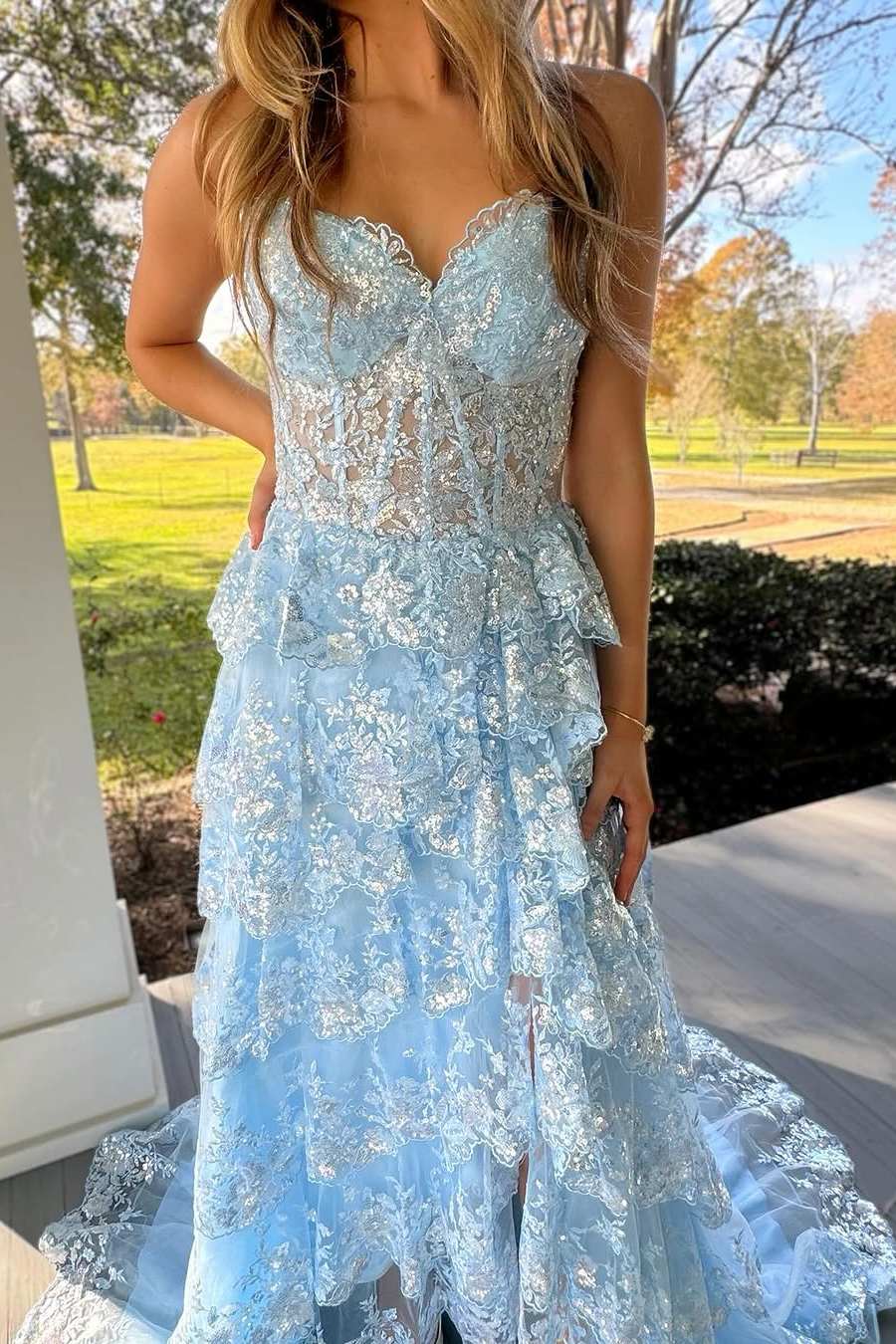 Blue Strapless A-Line V-Neck Sequins Appliques Tiered Prom Dress