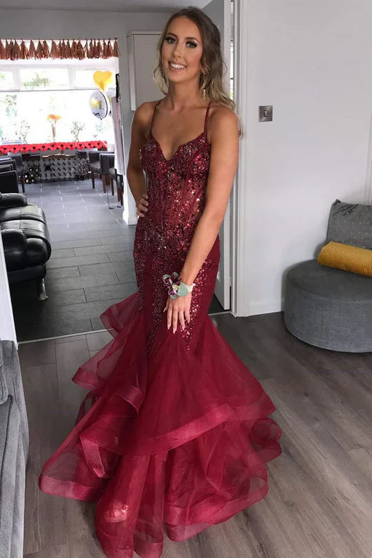 Burgundy Trumpet V-Neck Straps Appliques Multi-Tiered Prom Dress