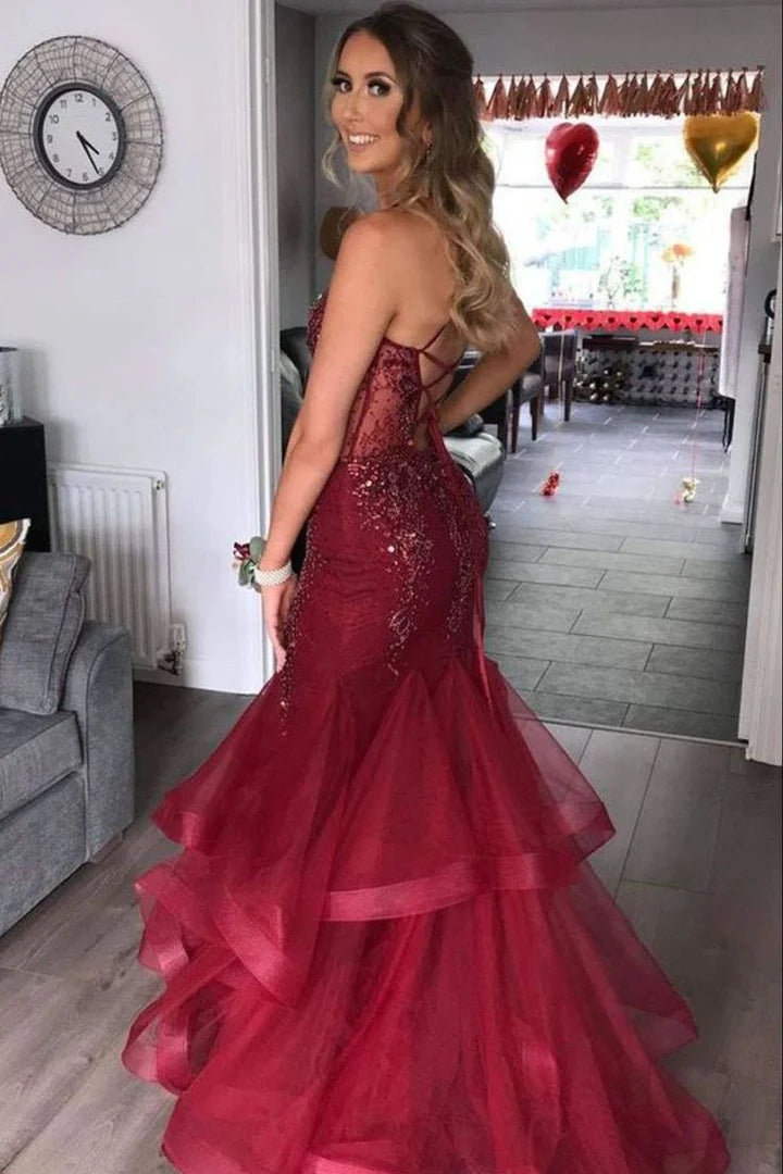 Burgundy Trumpet V-Neck Straps Appliques Multi-Tiered Prom Dress