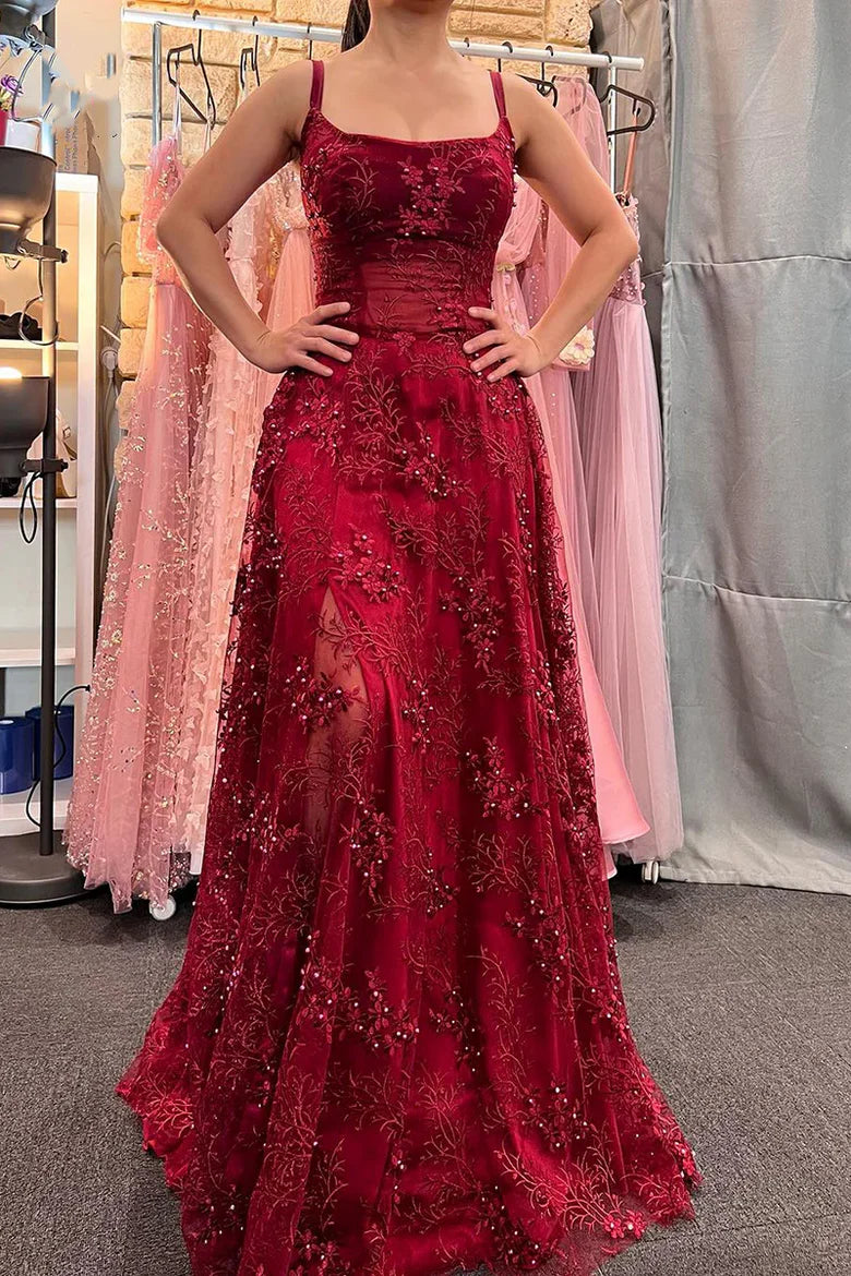 Burgundy A-Line Empire-Waist Appliques Beads Prom Dress