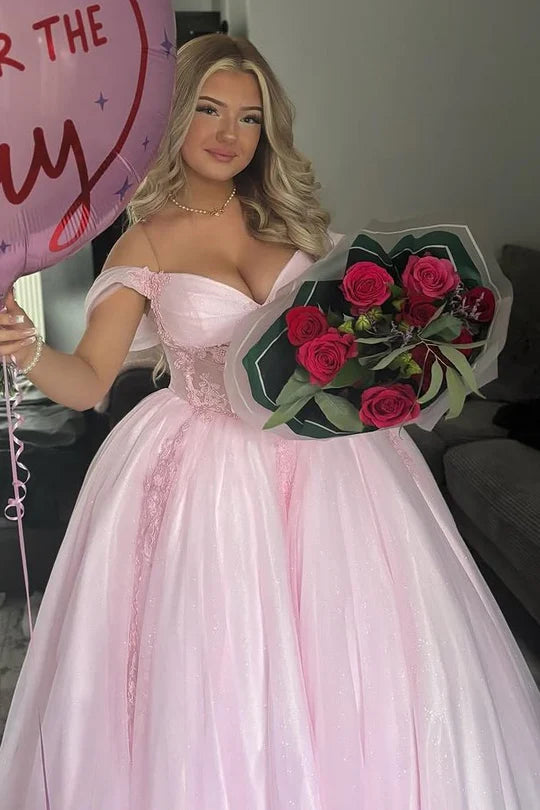 Pink Off-Shoulder Appliques Pleated Tulle Long Prom Gown
