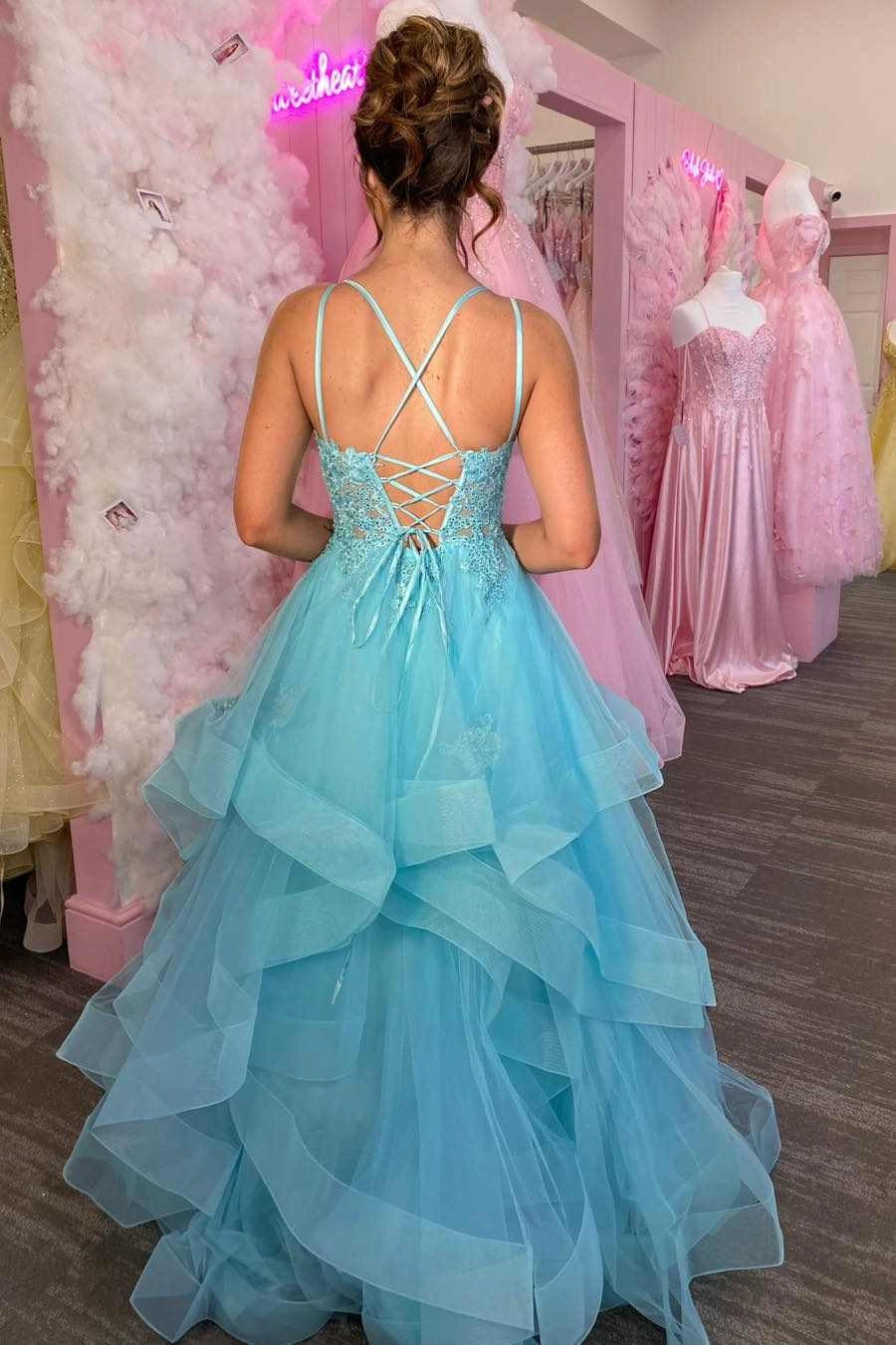 A-Line Empire-Waist Sleeveless V-Neck Ruffles Appliques Long Prom Dress